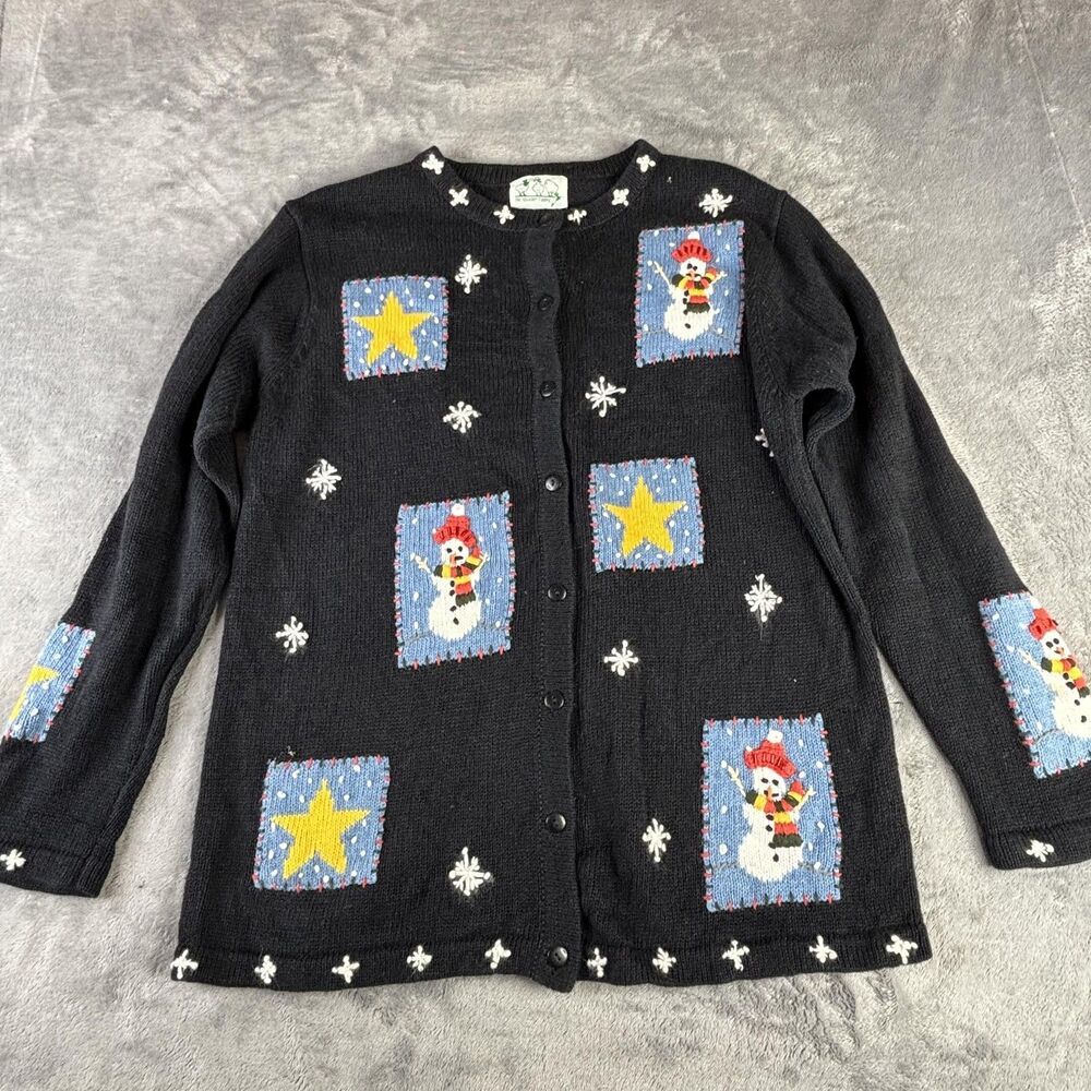 Quacker Factory Sweater Womens Medium Snowman‎ Star Christmas Cardigan Winter